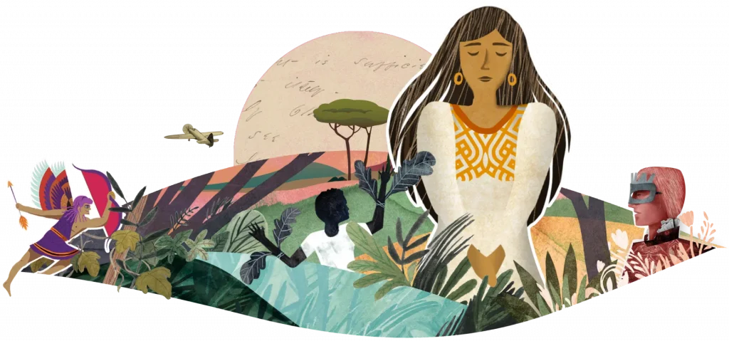Escena ilustrada que presenta una mujer serena en primer plano, con figuras más pequeñas y elementos naturales, incluidos árboles y plantas, bajo un sol poniente al fondo.