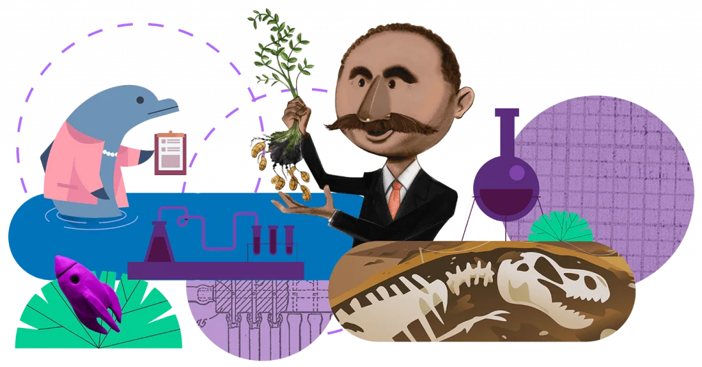 Ilustración de un hombre sosteniendo una planta, un delfín con bata de laboratorio, equipo científico, un pez y fósiles de dinosaurios con varios diagramas científicos de fondo.