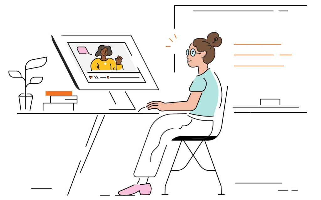 A woman wearing glasses is focused on a video call about teaching and learning topics with another woman on her computer screen in a well-organized office space.