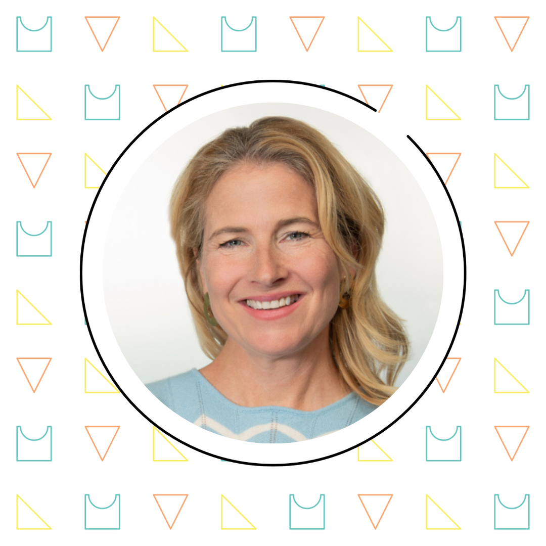 A middle-aged woman with blonde hair smiling, enclosed in a circular frame against a patterned background with triangle and math teacher shapes.