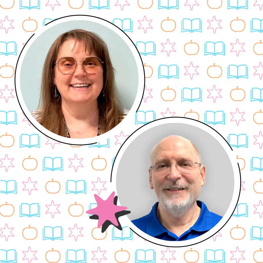 Two individuals in circular frames on a background with books, stars, and apples. The top person is wearing glasses; the bottom person has a beard and glasses. There's a pink star between them.