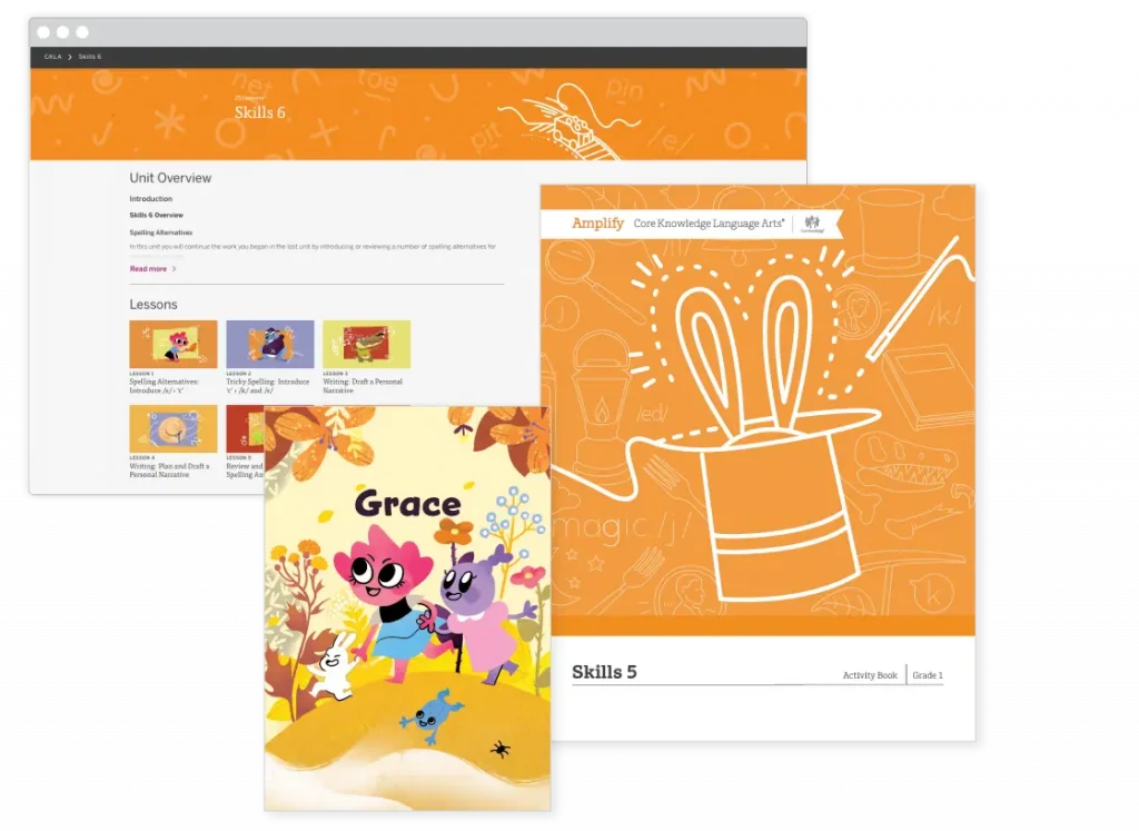 Online educational content with unit overview and illustrated activity book for kids featuring playful animals.