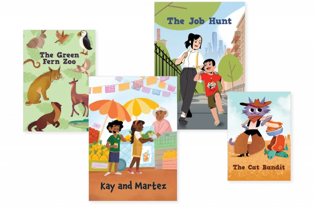 Four illustrated book covers: various animals at a zoo, a woman and child walking, two girls at a market, and a cat with a mask and sack. Titles: "The Green Fern Zoo," "The Job Hunt," "Kay and Martez," "The Cat Bandit.
