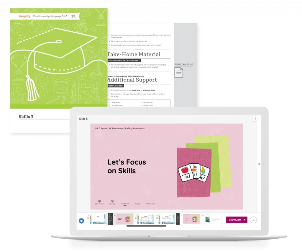 A tablet displaying a presentation titled "Let's Focus on Skills" with an illustration of books and icons. Behind it, partially visible screens with text and a graduation cap illustration.