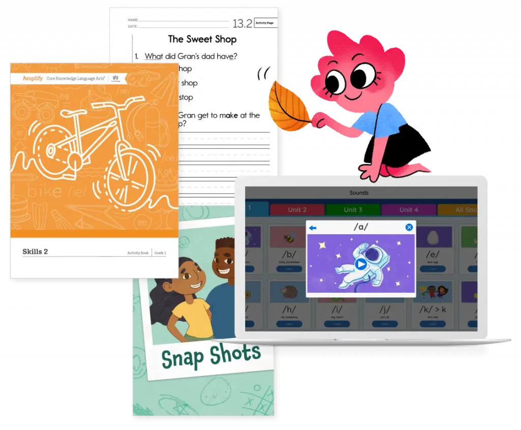 Educational materials with activities: a worksheet about "The Sweet Shop," a Skills booklet with a bicycle cover, Snap Shots reading material, and a digital phonics interface with a cartoon character.