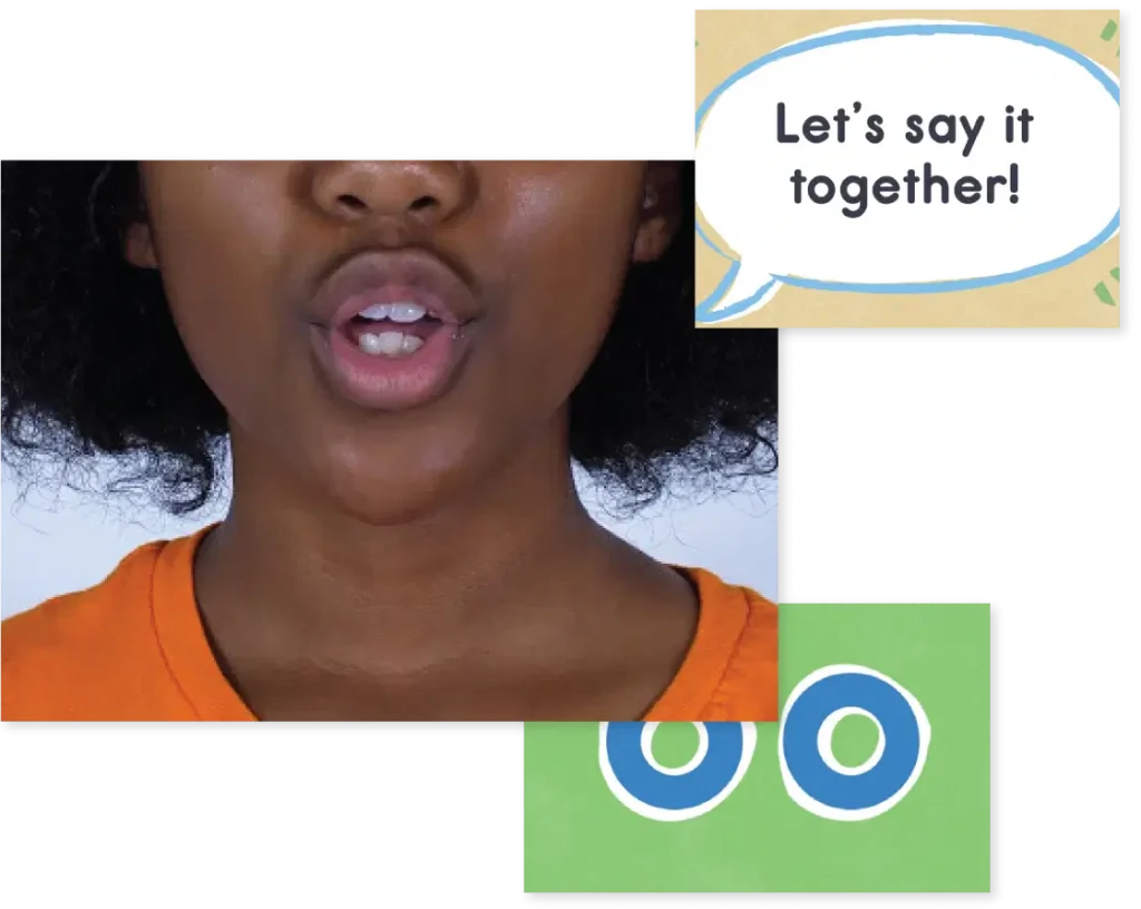 Person wearing an orange shirt speaking. Speech bubble in upper right corner reads, "Let's say it together!" Green section at bottom shows two stylized letter "O"s.